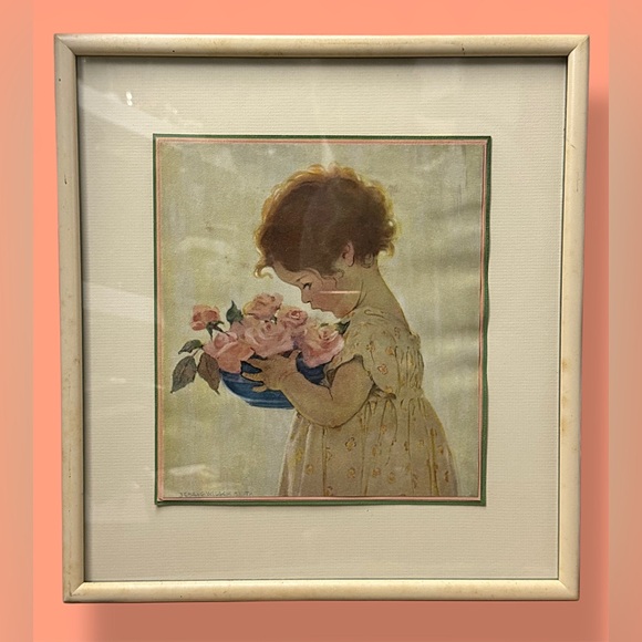 Vintage Jessie Willcox Smith Art Print Girl with Roses Framed Nursery Decor